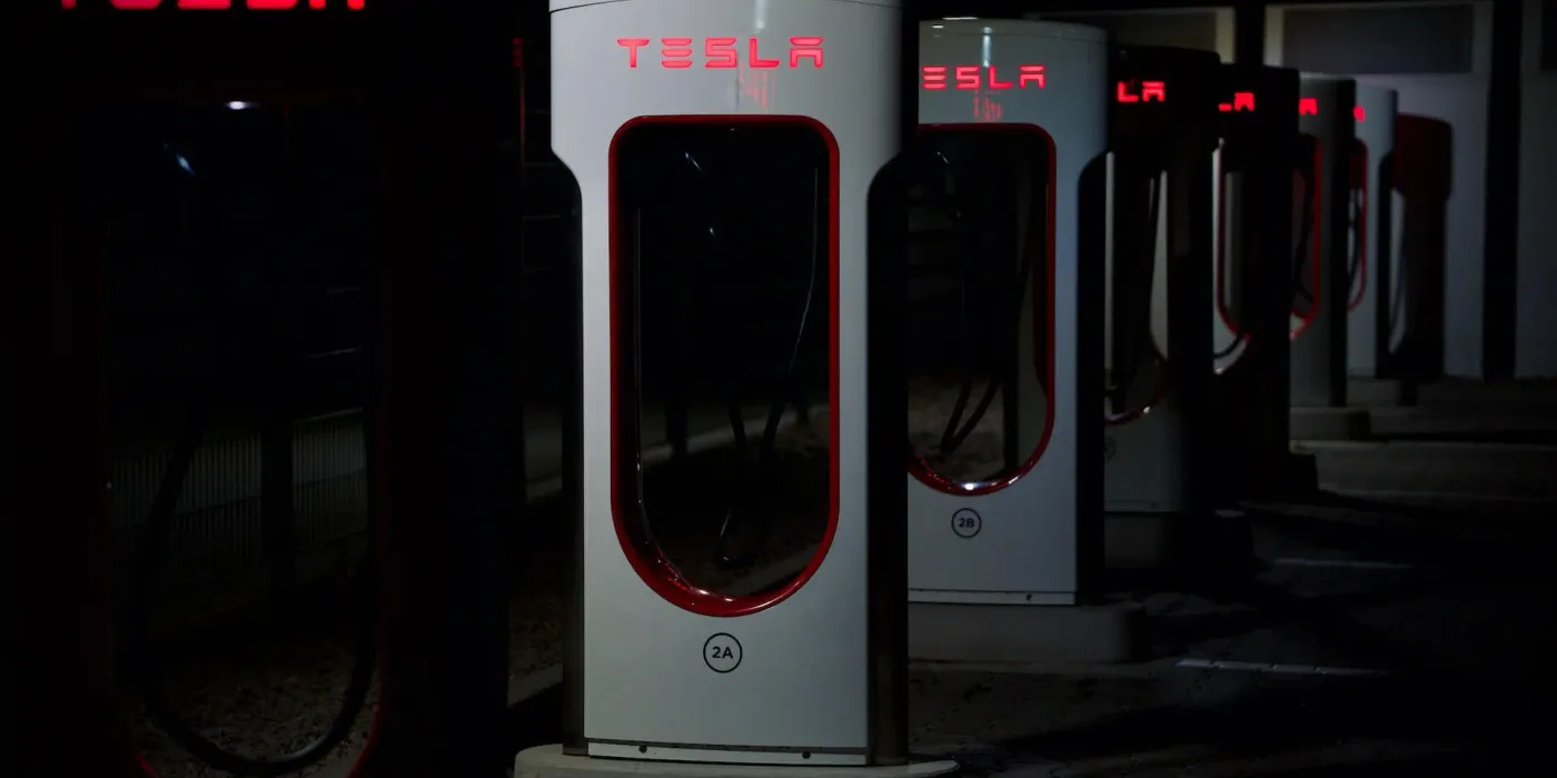 A row of DC fast charging stations